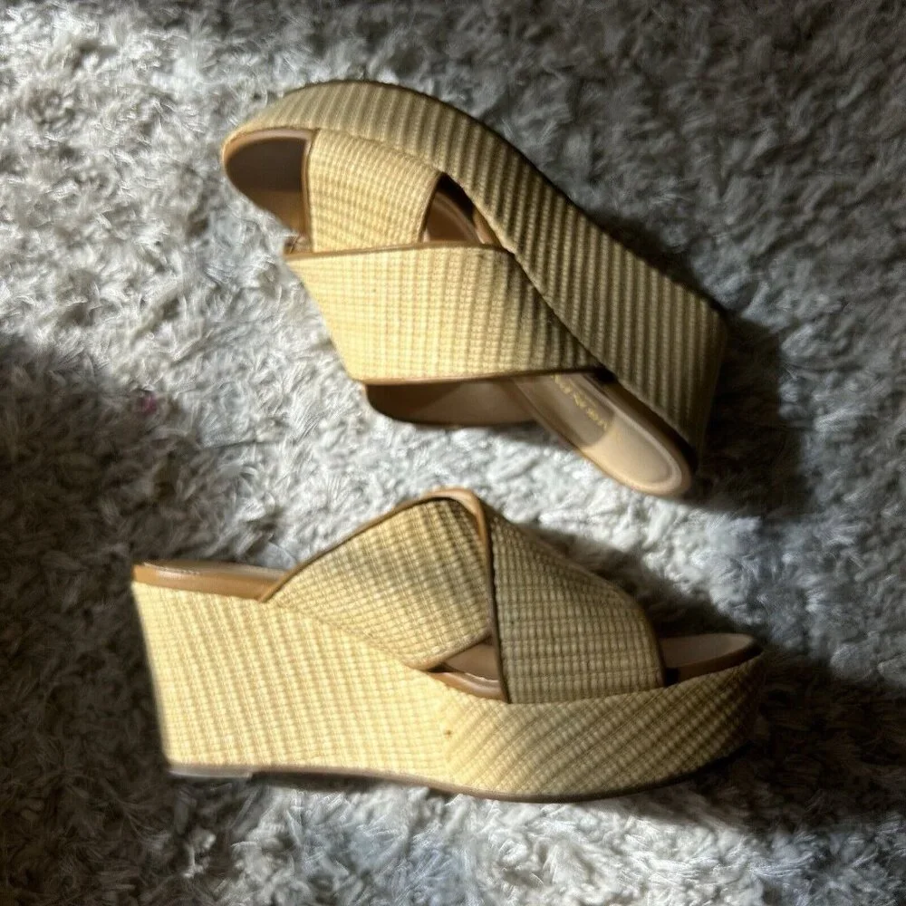 MARION PARKE Yellow Woven Crisscross Wedge Sandals